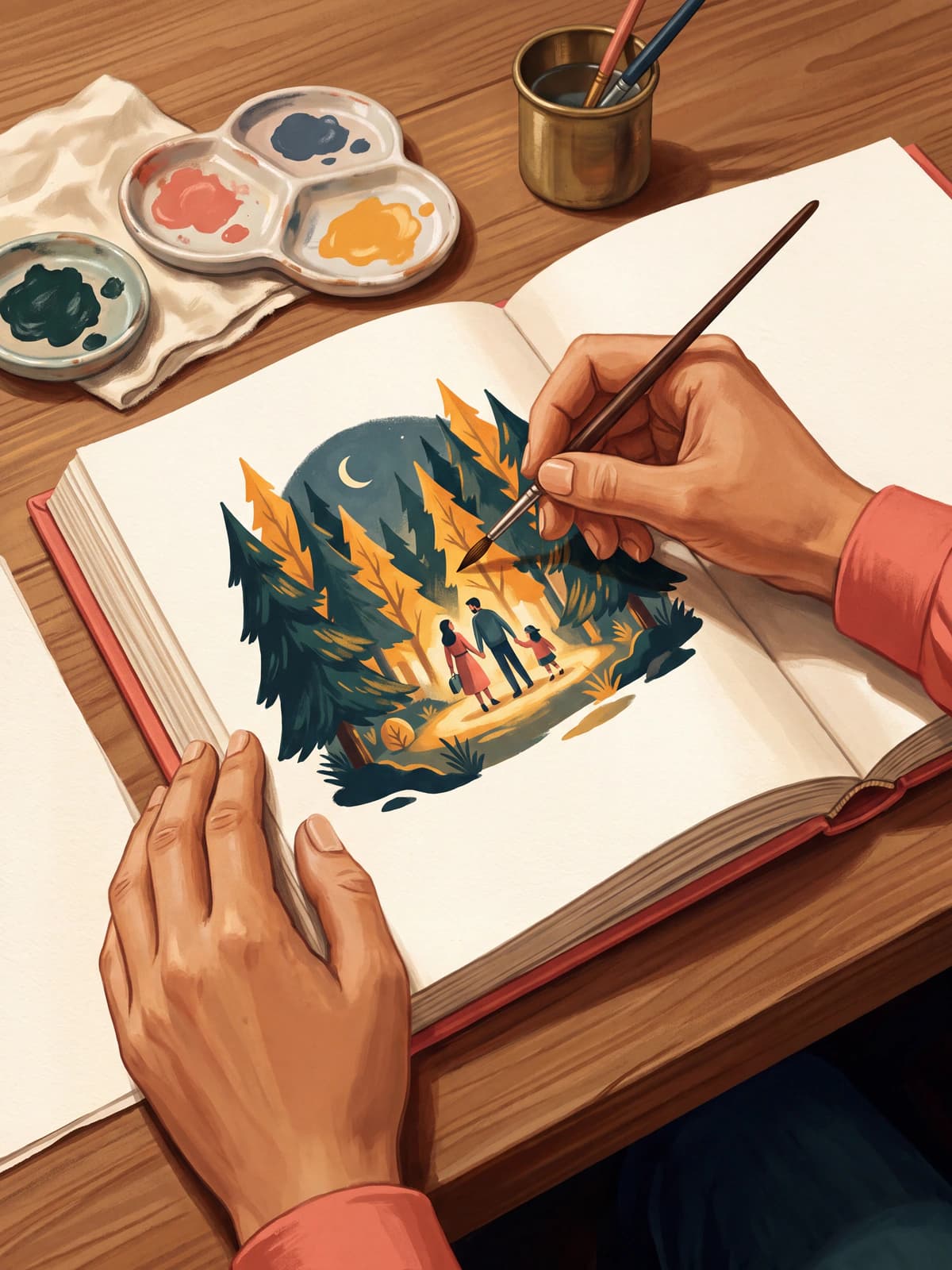 Hands painting an illustrated family storybook spread.