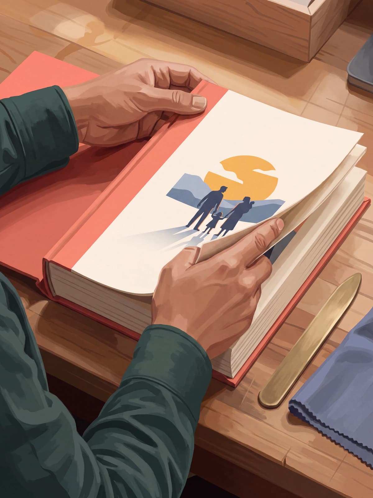 Hands checking a coral clothbound storybook proof.