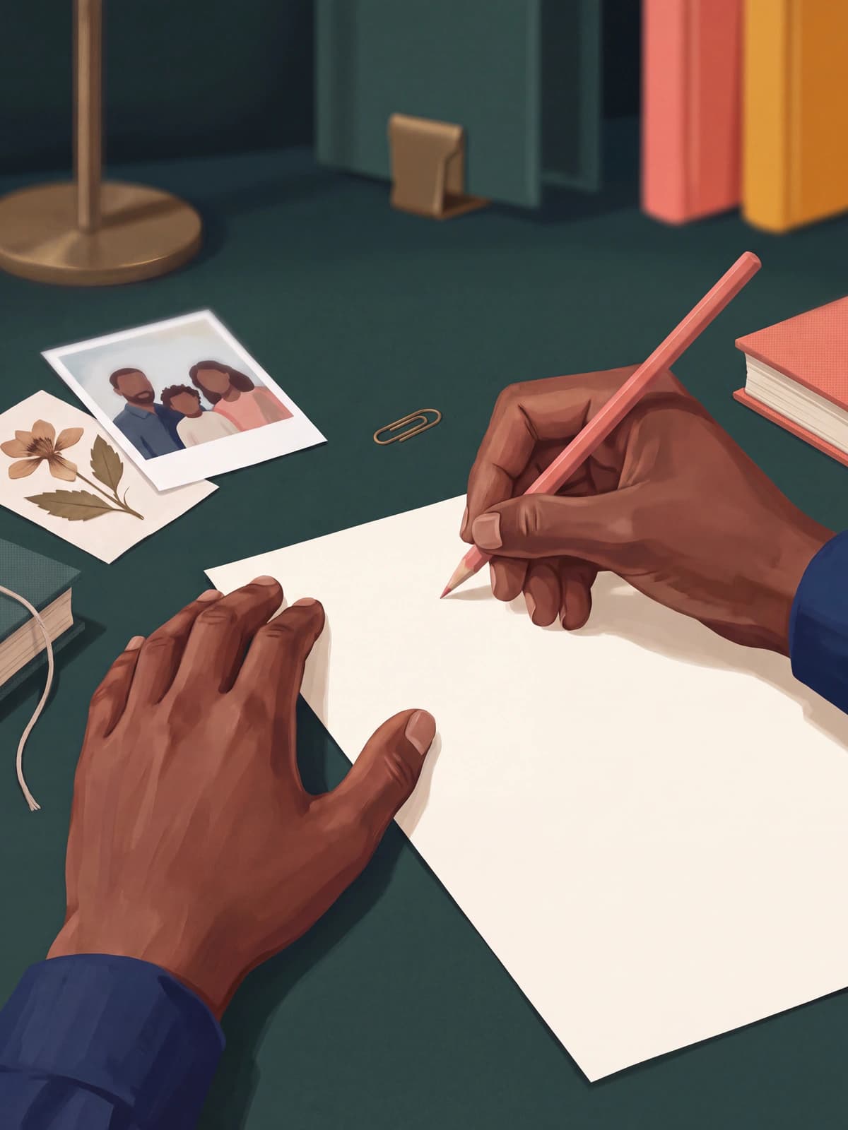 Hands reviewing family-memory source material with a coral pencil.