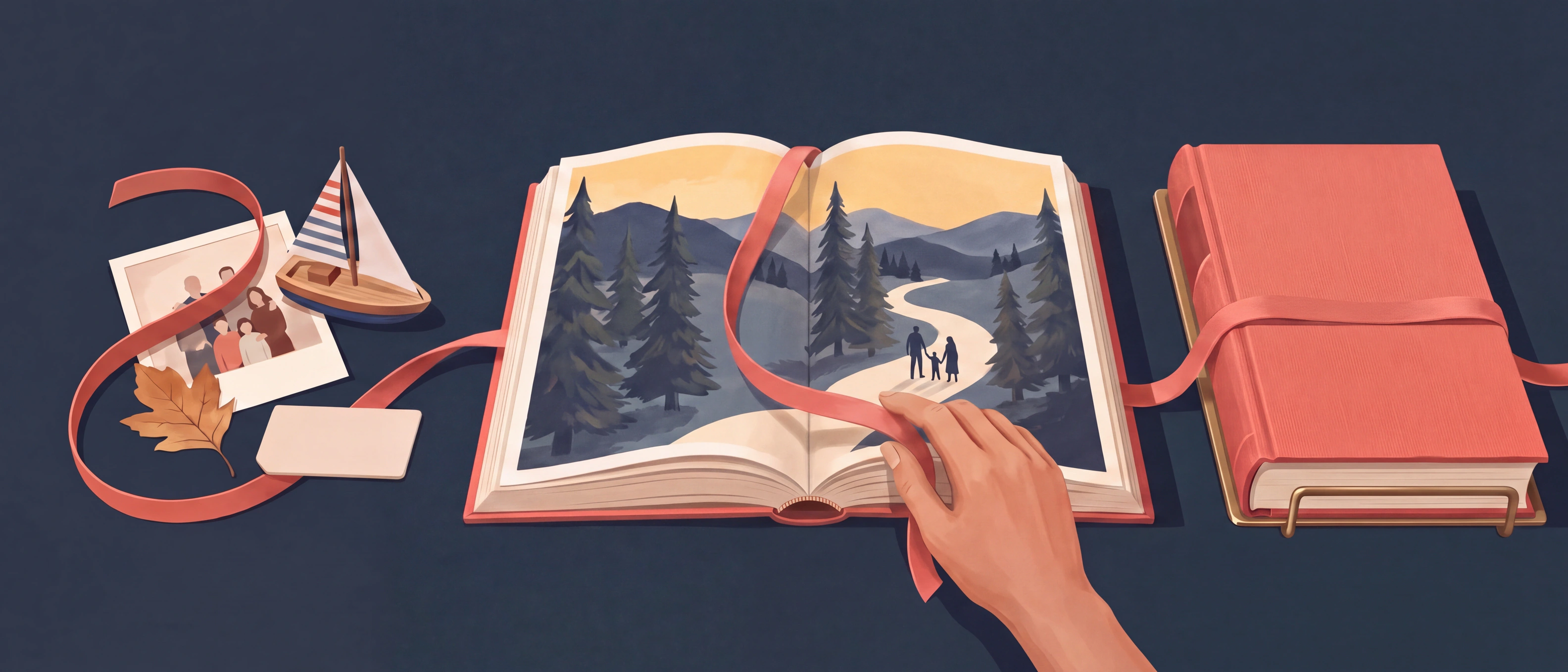 One coral binding ribbon connects gathered family memories, an illustrated open book, and a finished clothbound keepsake.